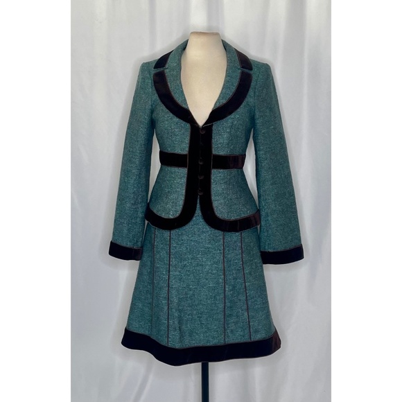 NANETTE LEPORE Anna Karenina Two Piece Tweed Velvet Skirt Blazer Suit Size 10 - Picture 1 of 12